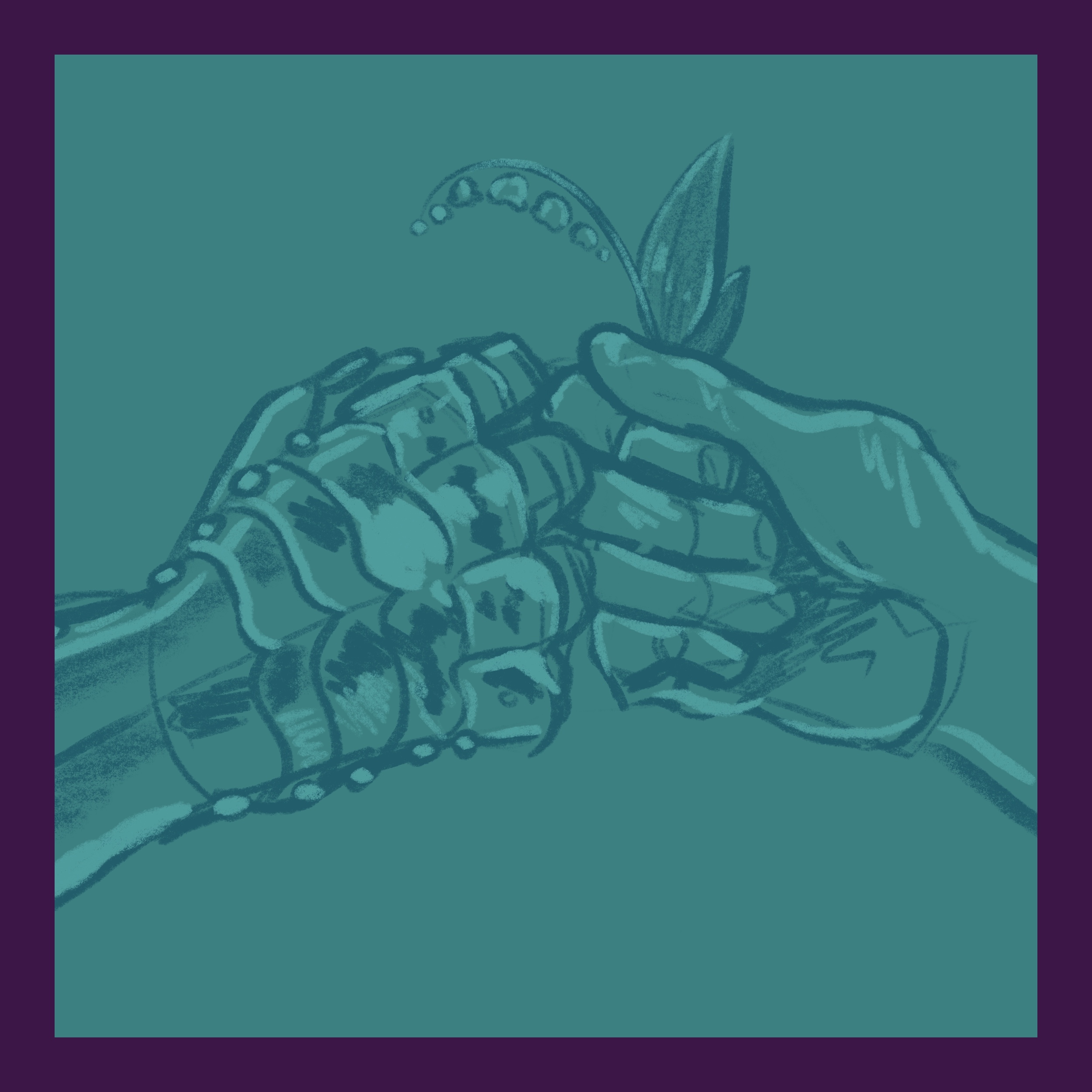 a gloved hand reaching out for a flower