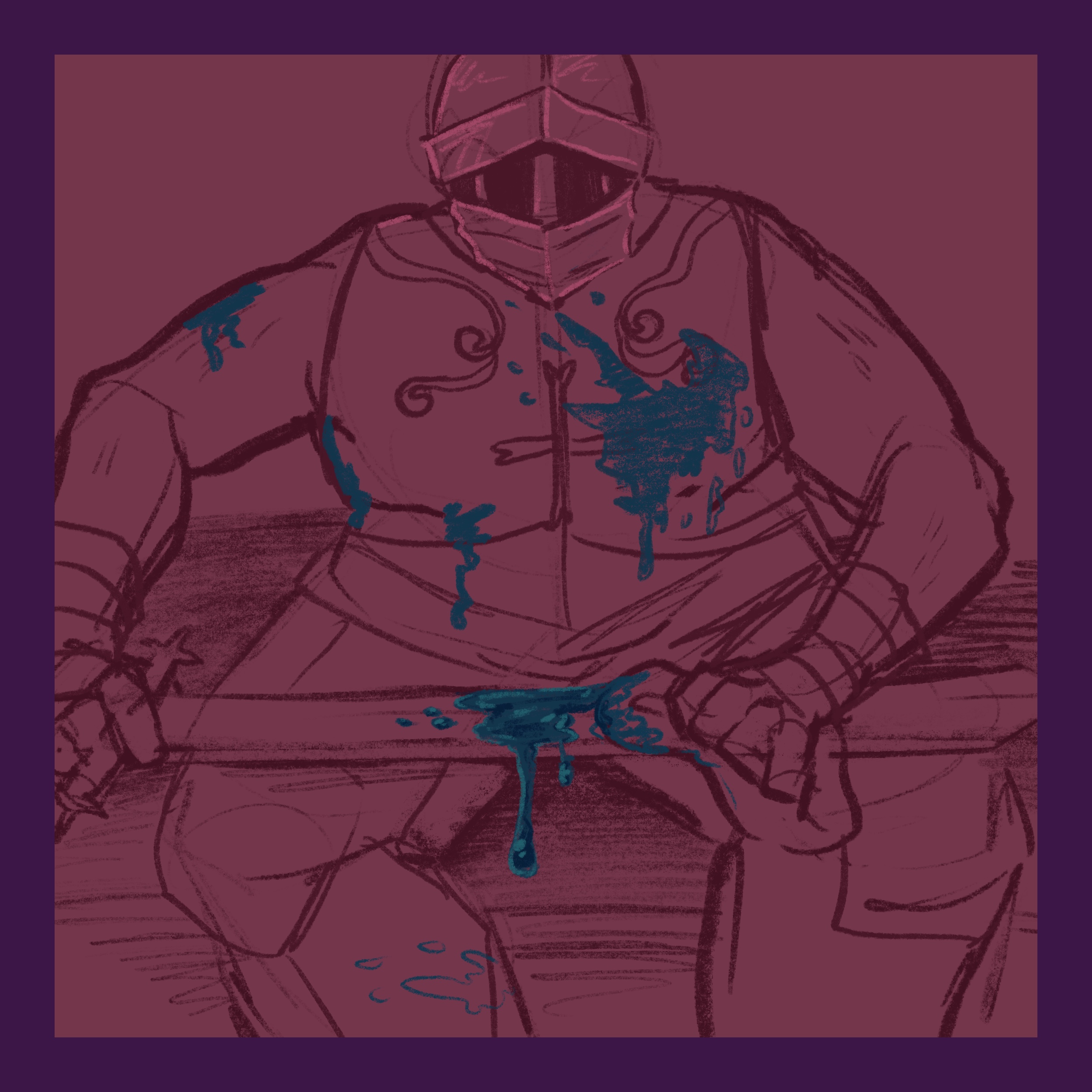 A knight cleaning a bloodied sword.